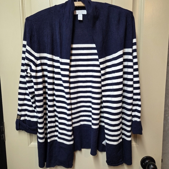 ‼️3/$30‼️Charter Club Open Front Cardigan Sweater Petite Large Navy Button Cuffs - Picture 1 of 16